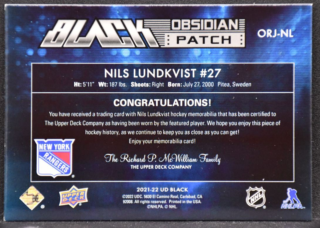 2021-22 SPx UD Black Obsidian RC Patch Gold Nils Lundkvist New York Rangers /35 6454