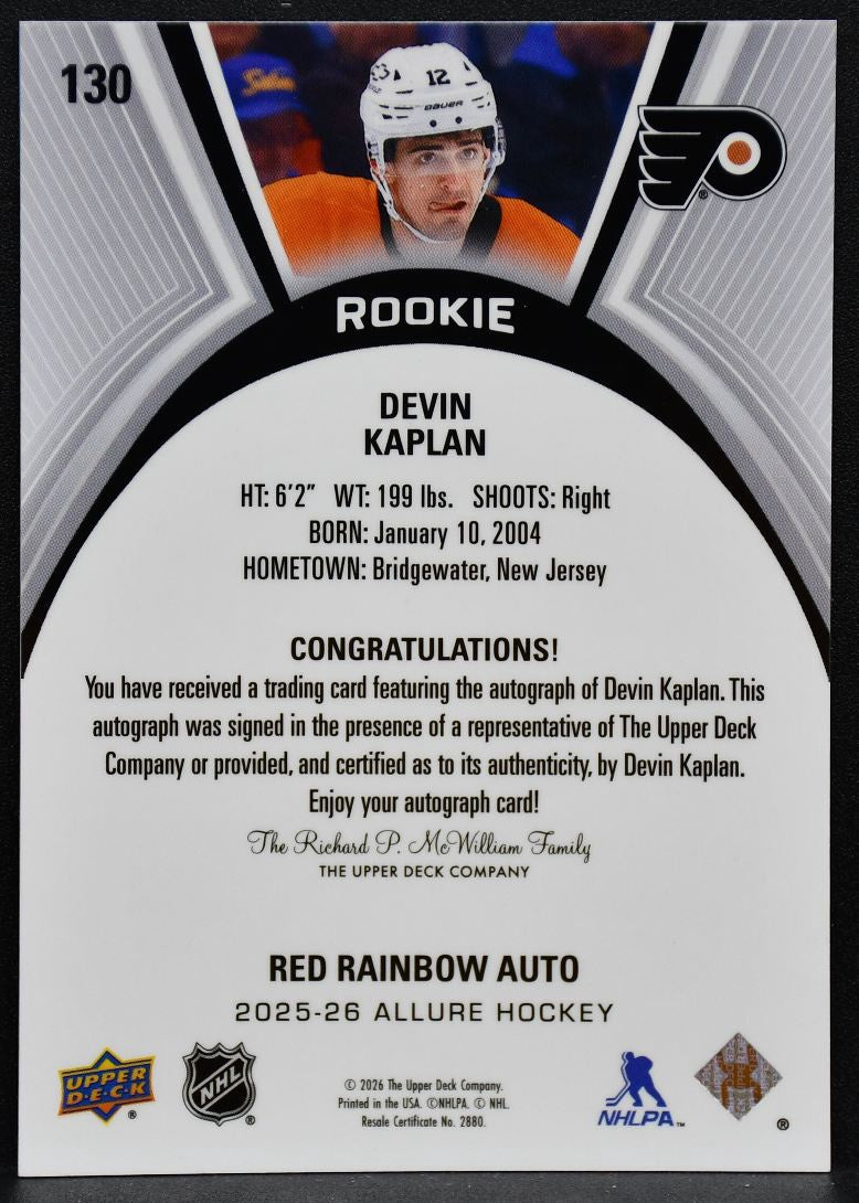 2025-26 UD Allure Rookie Red Rainbow Auto Devin Kaplan 130 Flyers RC Auto 4586