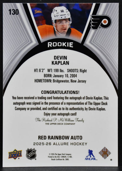 2025-26 UD Allure Rookie Red Rainbow Auto Devin Kaplan 130 Flyers RC Auto 4586