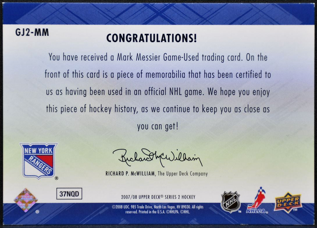2007-08 Upper Deck Series 2 Game Jersey Mark Messier GJ2-MM Rangers Jersey 3116