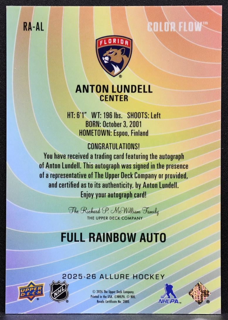 2025-26 UD Allure Color Flow Full Rainbow Auto Anton Lundell Panthers Auto 7016
