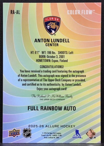 2025-26 UD Allure Color Flow Full Rainbow Auto Anton Lundell Panthers Auto 7016