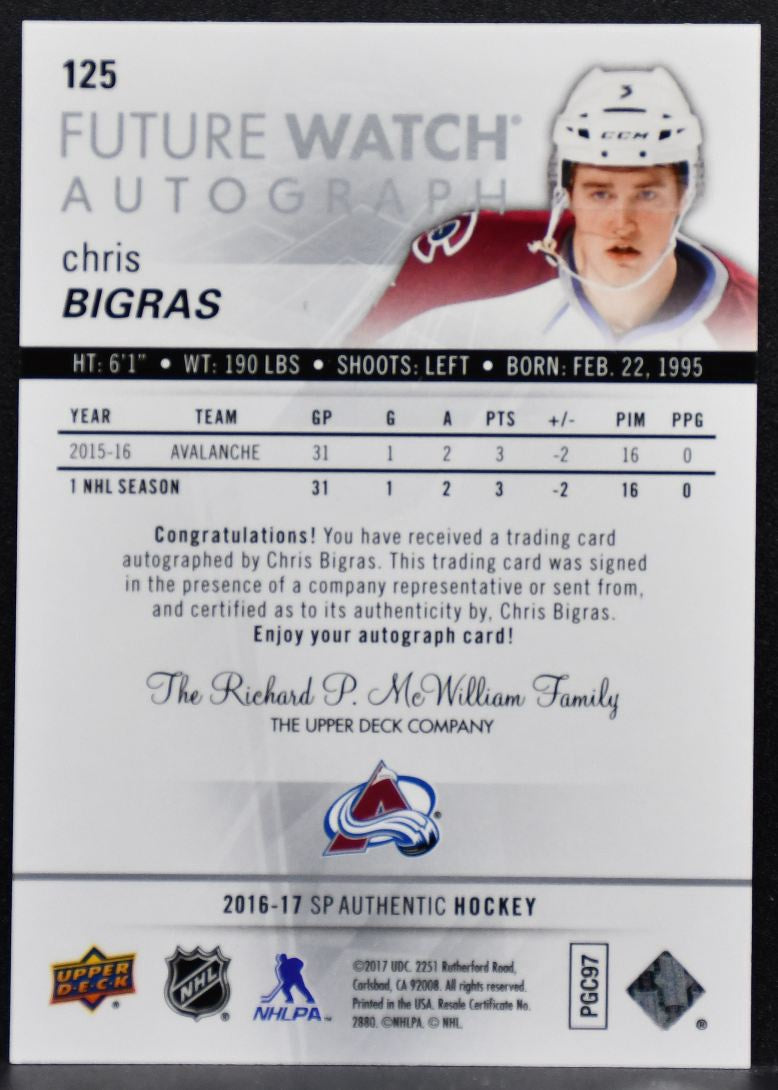 2016-17 SP Authentic Future Watch Auto Chris Bigras RC Auto 327/999 4965