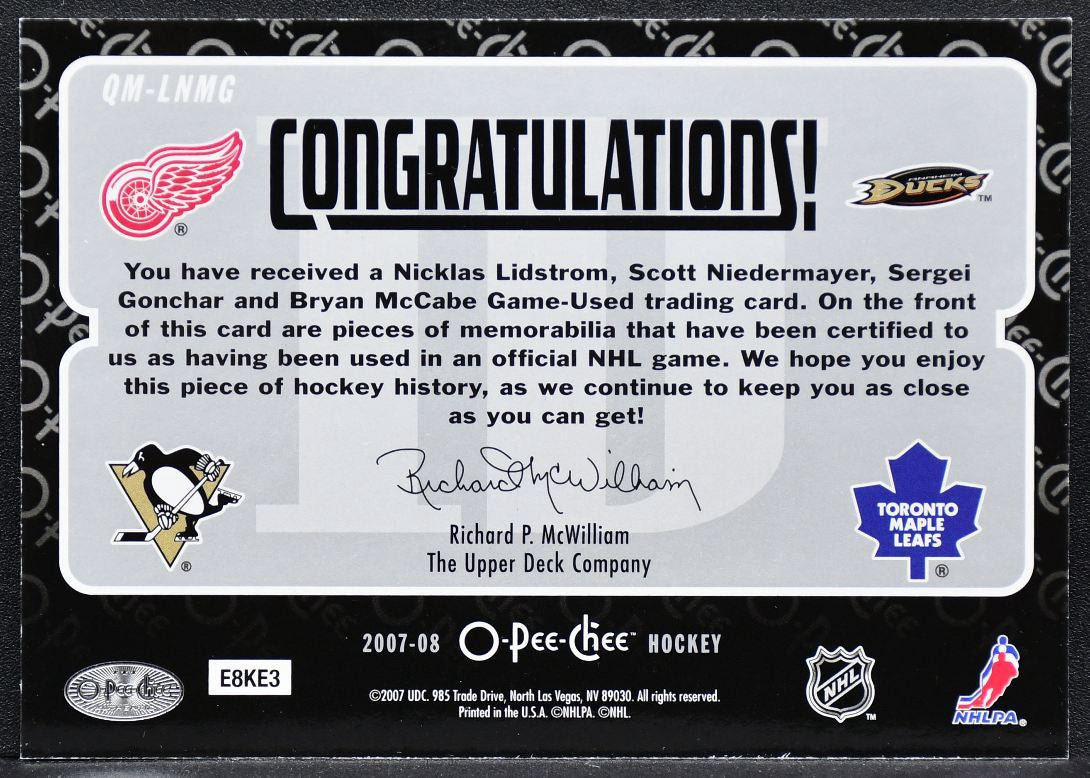 2007-08 OPC Quad Jerseys Lidstrom/Niedermayer/McCabe/Gonchar Jersey 8340