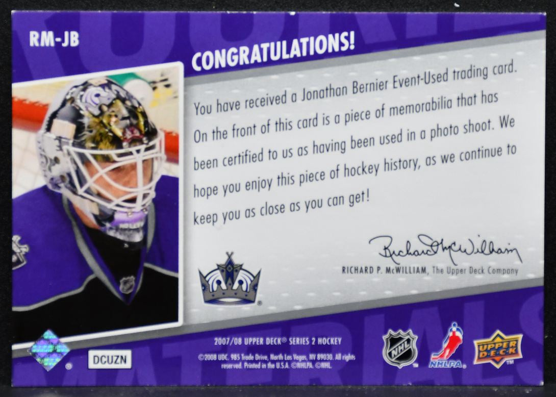 2007-08 UD Series 2 Rookie Materials Jonathan Bernier RM-JB Kings RC Jersey 4323