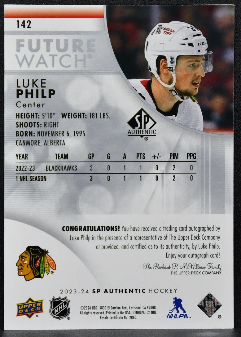 23-24 SP Authentic Future Watch Auto Luke Philp 142 Blackhawks RC Auto 118/999 9478