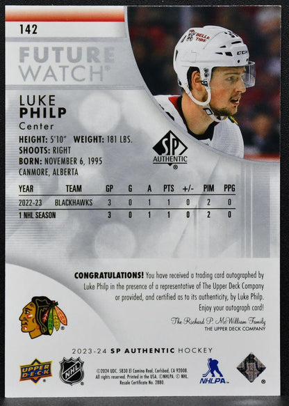 23-24 SP Authentic Future Watch Auto Luke Philp 142 Blackhawks RC Auto 118/999 9478