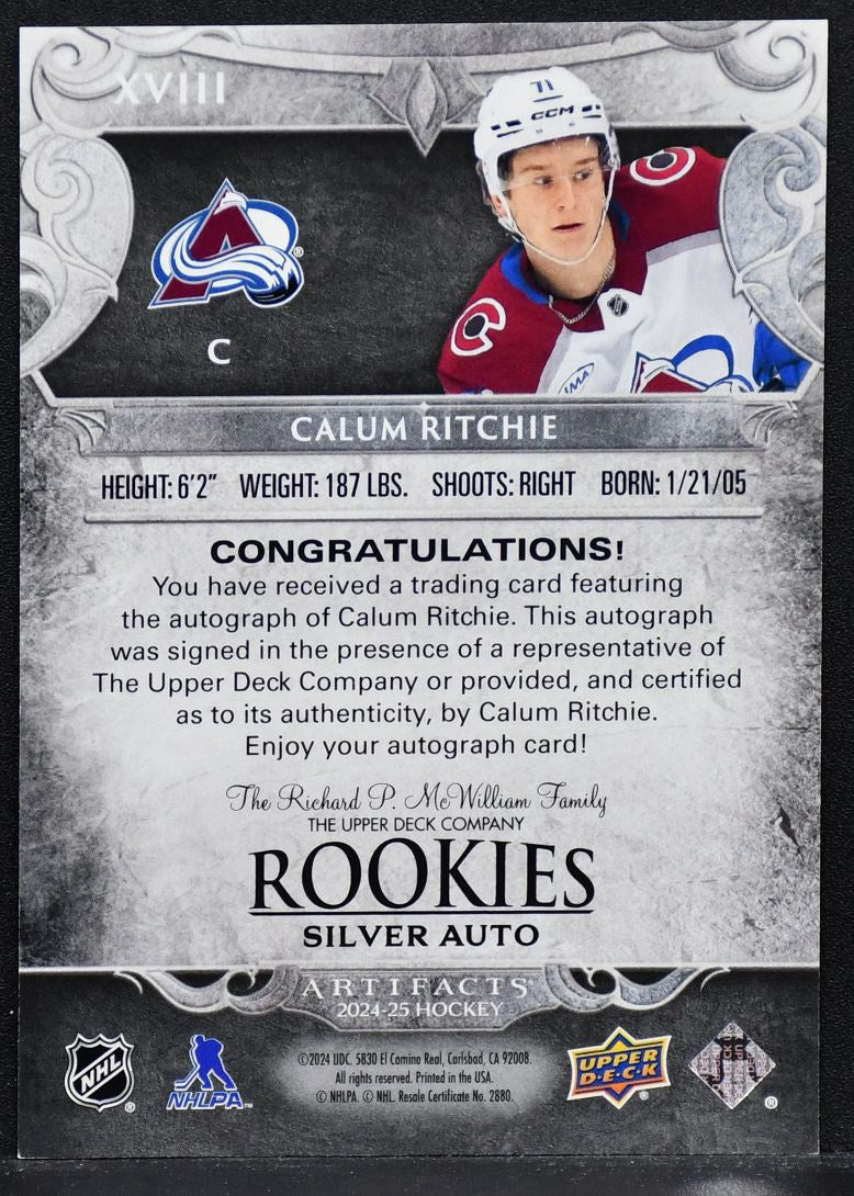 2024-25 UD Artifacts Rookies Silver Auto Calum Ritchie XVIII RC Auto