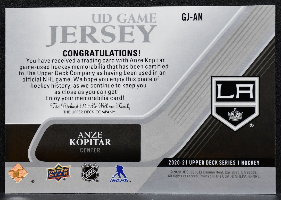 2020-21 Upper Deck Series 1 UD Game Jersey Anze Kopitar GJ-AN Kings Jersey 9877