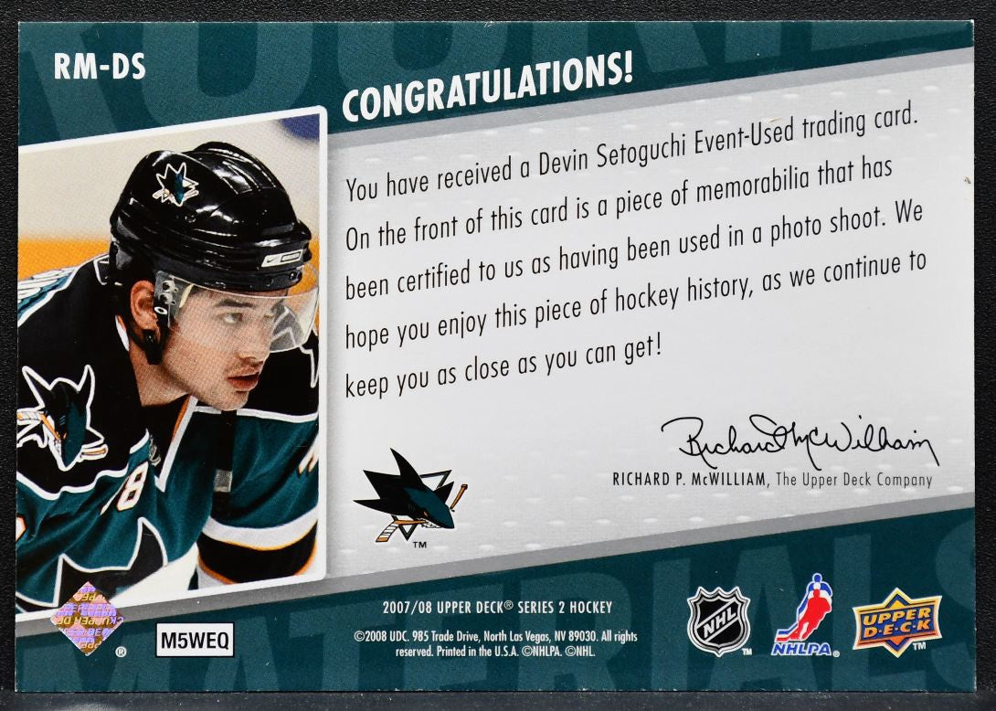 2007-08 UD Series 2 Rookie Materials Devin Setoguchi RM-DS Sharks RC Jersey 4091