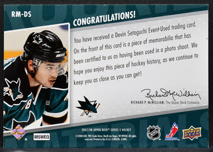 2007-08 UD Series 2 Rookie Materials Devin Setoguchi RM-DS Sharks RC Jersey 4091