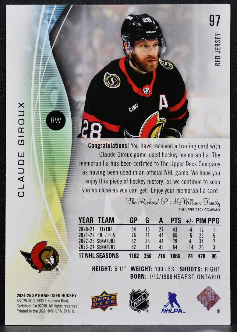 2024-25 SP Game Used Red Jersey Claude Giroux 97 Ottawa Senators Jersey 7880
