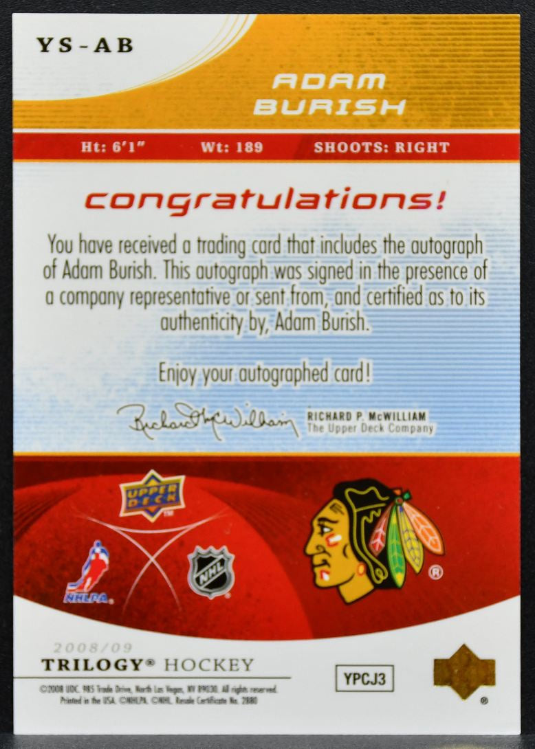 2008-09 Upper Deck Trilogy Young Star Scripts Adam Burish Blackhawks Auto 2755
