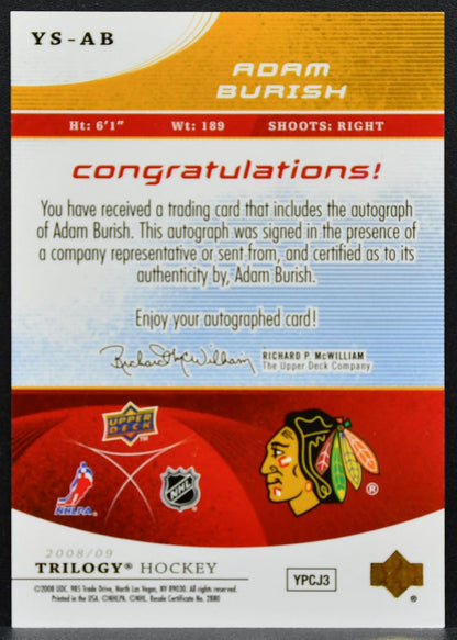 2008-09 Upper Deck Trilogy Young Star Scripts Adam Burish Blackhawks Auto 2755