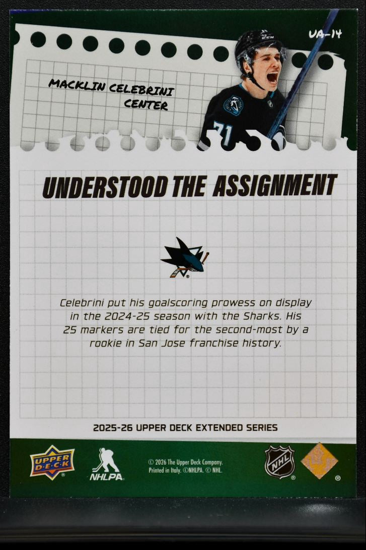 2025-26 UD Extended Series Understood The Assignment Macklin Celebrini 7429