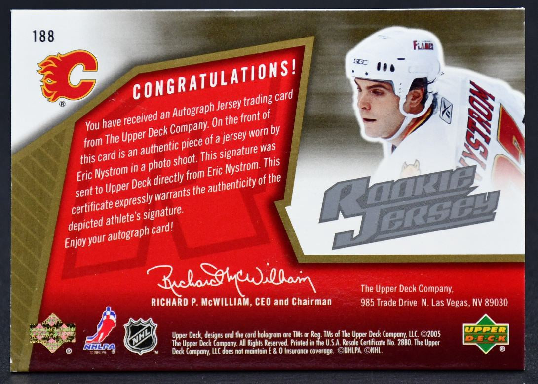 2005-06 SPx Rookie Jersey Eric Nystrom 188 RC Auto 974/1499 Jersey