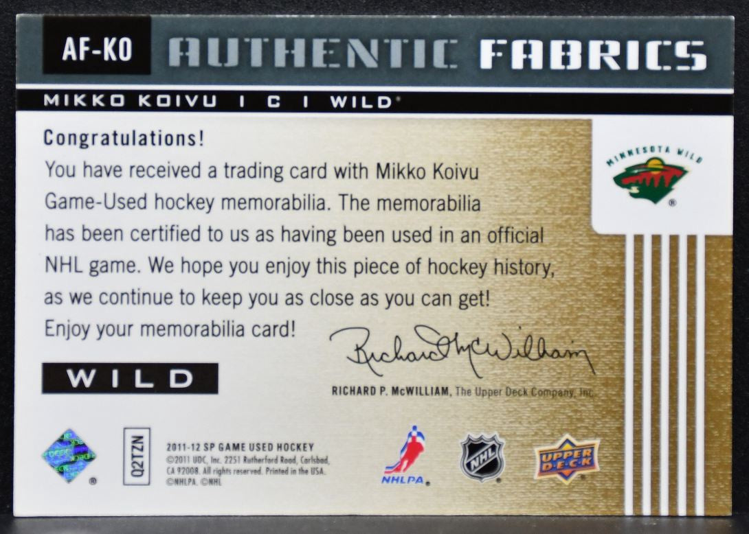 2011-12 SP Game Used Authentic Fabrics Mikko Koivu Minnesota Wild Jersey 5207