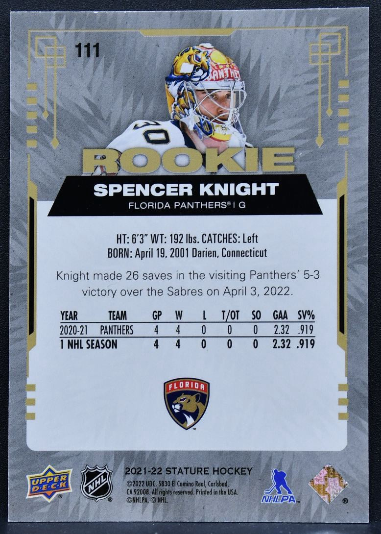 2021-22 Upper Deck Stature Rookie Base Spencer Knight 111 Florida Panthers RC 9042