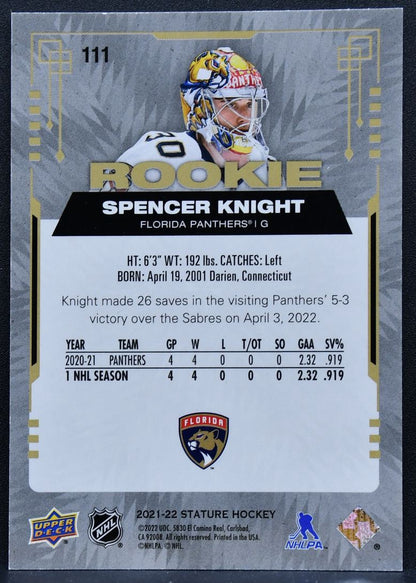2021-22 Upper Deck Stature Rookie Base Spencer Knight 111 Florida Panthers RC 9042