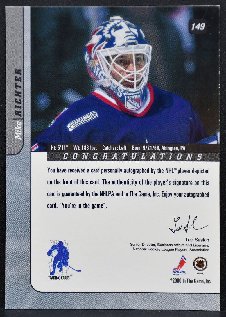 2000-01 Be a Player Signature Series Auto Mike Richter 149 Rangers Auto 8966