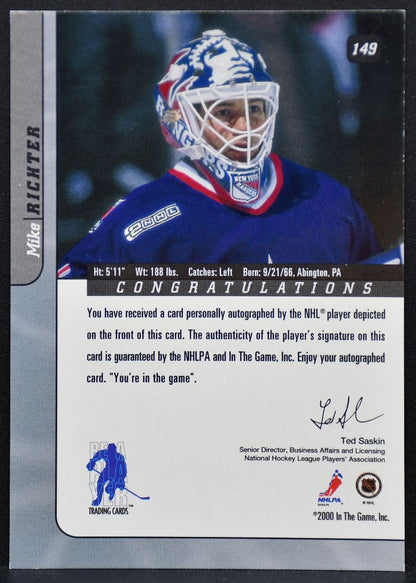 2000-01 Be a Player Signature Series Auto Mike Richter 149 Rangers Auto 8966