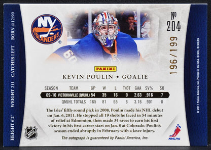 2011-12 Panini Dominion Auto Kevin Poulin 204 New York Islanders RC Auto 7815