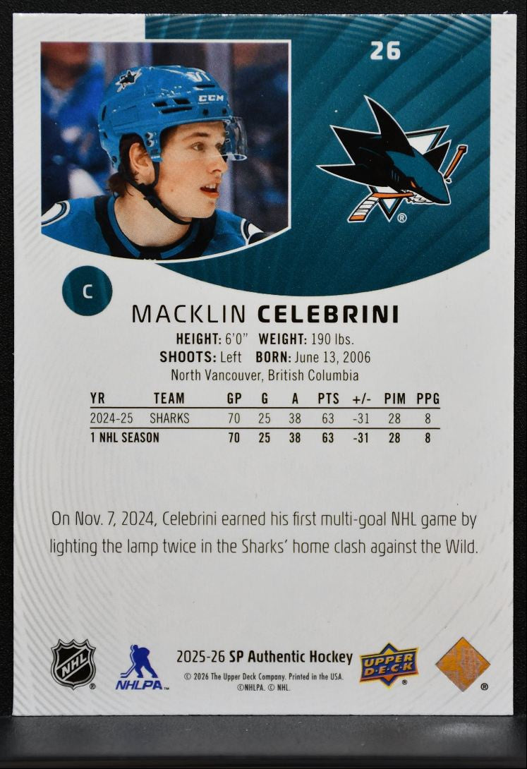2025-26 SP Authentic Macklin Celebrini 26 San Jose Sharks 1327