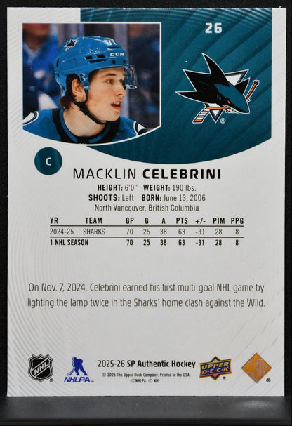 2025-26 SP Authentic Macklin Celebrini 26 San Jose Sharks 1327