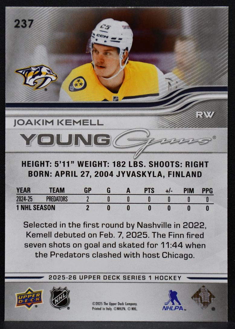 2025-26 Upper Deck Series 1 Young Guns Joakim Kemell 237 Nashville Predators RC 1601
