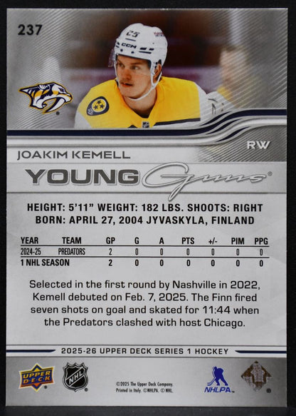 2025-26 Upper Deck Series 1 Young Guns Joakim Kemell 237 Nashville Predators RC 1601