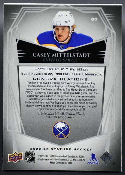2022-23 UD Stature Casey Mittelstadt 80 Buffalo Sabres Auto 4/5 Patch