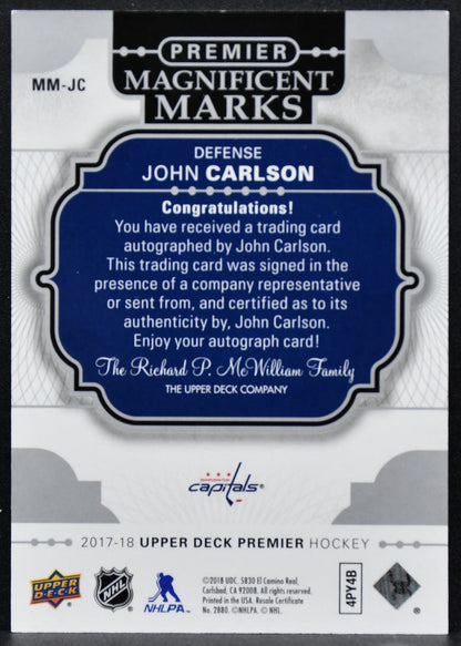 2017-18 Upper Deck Premier Magnificent Marks Autographs John Carlson Auto 9903