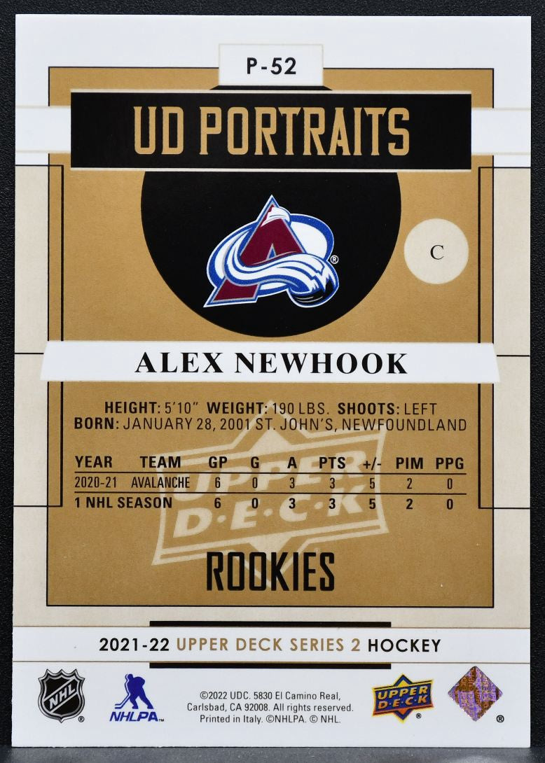 2021-22 UD Series 2 UD Portraits Rookies Alex Newhook P-52 Avalanche RC 9904