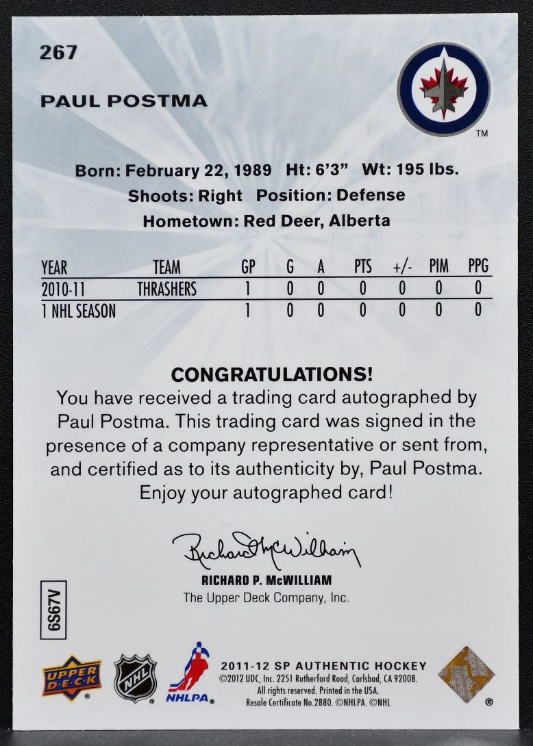 2011-12 SP Authentic Future Watch Auto Paul Postma 267 Jets RC Auto 493/999 7585