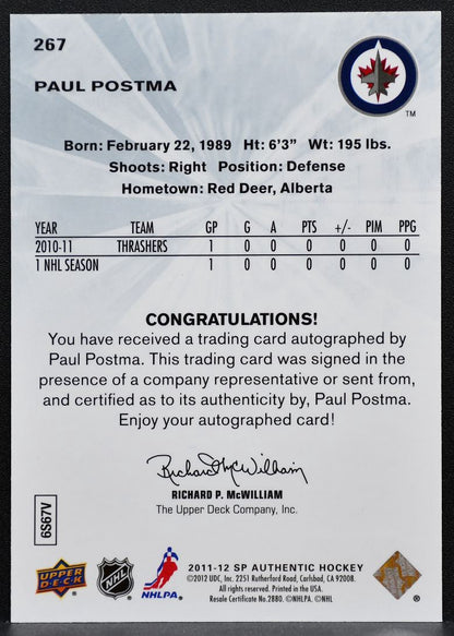 2011-12 SP Authentic Future Watch Auto Paul Postma 267 Jets RC Auto 493/999 7585