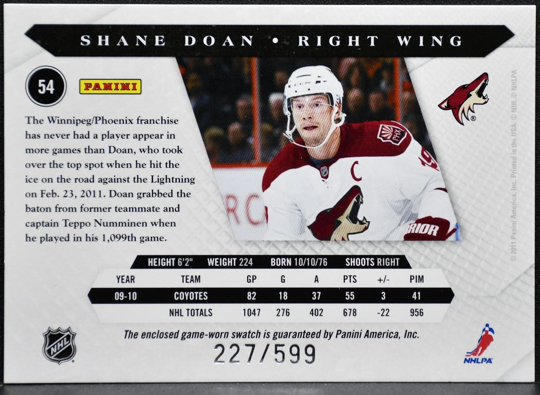 2010-11 Panini Luxury Suite Jersey Shane Doan 54 Coyotes /599 Jersey 8281