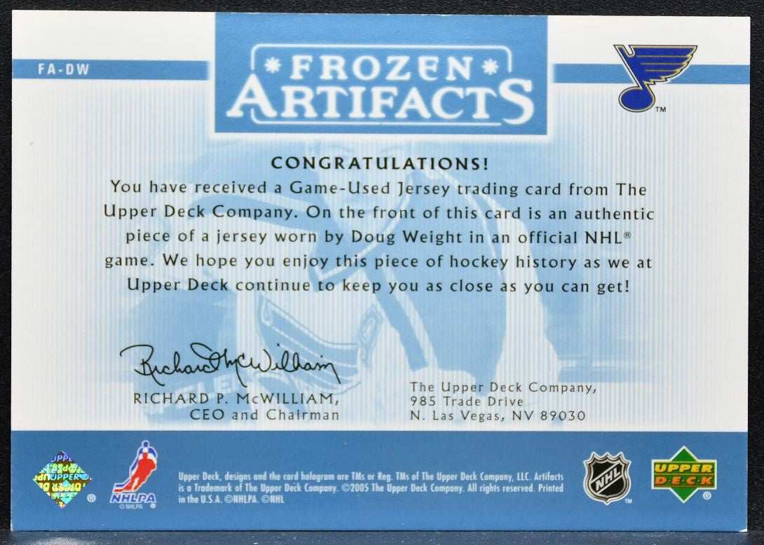 2005-06 Upper Deck Artifacts Frozen Doug Weight FA-DW Blues 252/275 Jersey 9264
