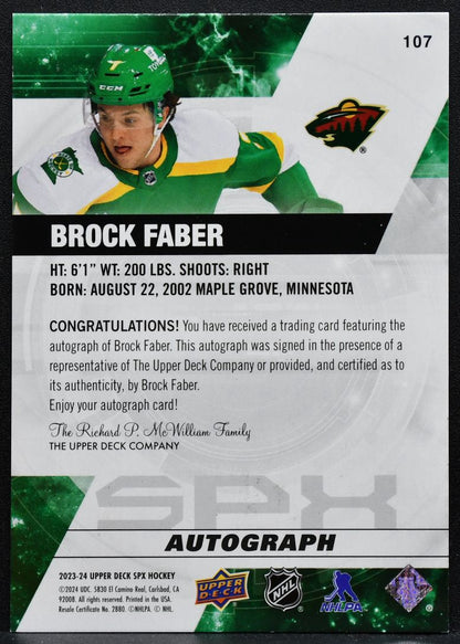 2023-24 SPx Rookies Auto Brock Faber 107 Minnesota Wild RC Auto 6910