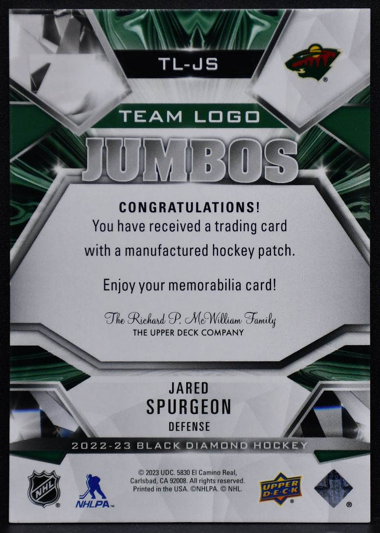 2022-23 UD Black Diamond Team Logo Jumbos Alternate Spurgeon TL-JS Patch 3030
