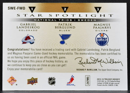 2013-14 UD Trilogy Three Star Landeskog/Berglund/Paajarvi Jersey 3028