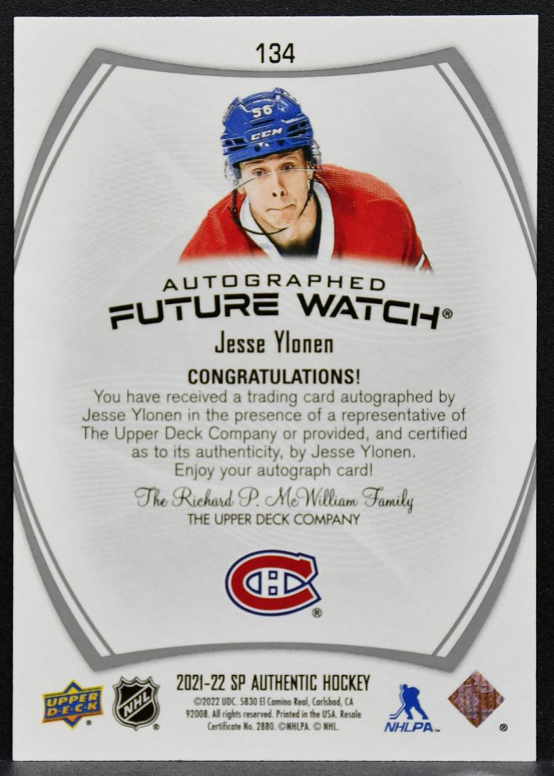 2021-22 SP Authentic Future Watch Auto Jesse Ylonen Canadiens RC Auto 6999