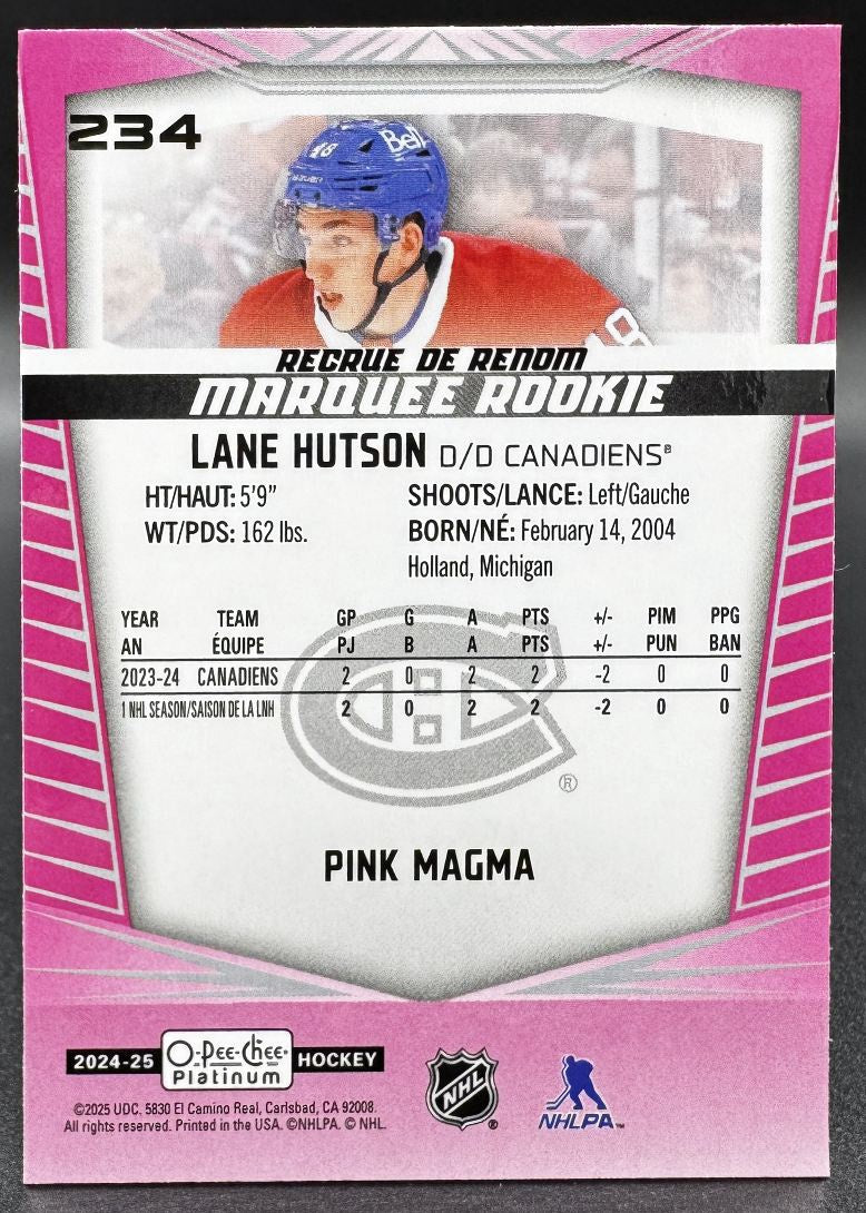 2024-25 O-Pee-Chee Platinum Pink Magma Lane Hutson 234 Montreal Canadiens RC