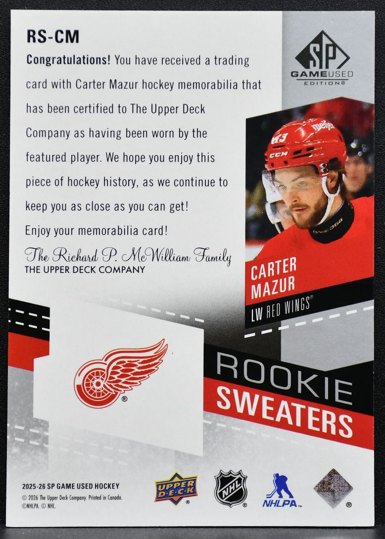 2025-26 SP Game Used Rookie Sweaters Carter Mazur Red Wings RC Jersey 6750