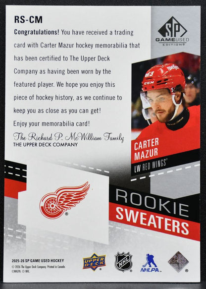 2025-26 SP Game Used Rookie Sweaters Carter Mazur Red Wings RC Jersey 6750