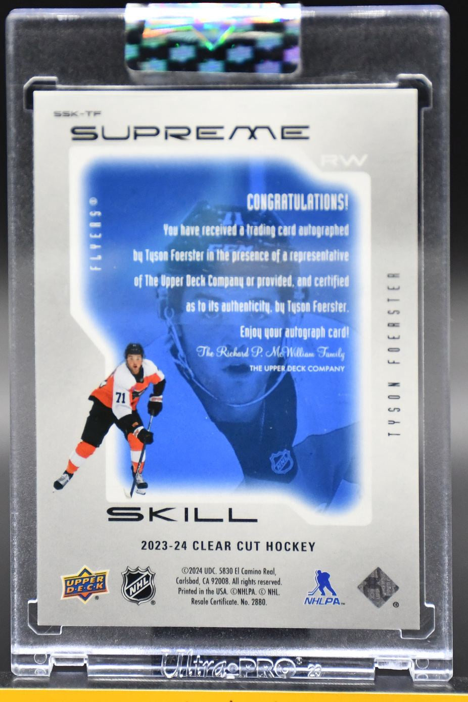 2023-24 UD Clear Cut Foerster SSK-TF Philadelphia Flyers RC Auto 01/25