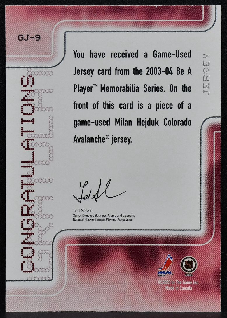 2003-04 Be a Player Memorabilia Jersey Milan Hejduk GJ-9 Avalanche Jersey 3336
