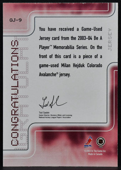 2003-04 Be a Player Memorabilia Jersey Milan Hejduk GJ-9 Avalanche Jersey 3336