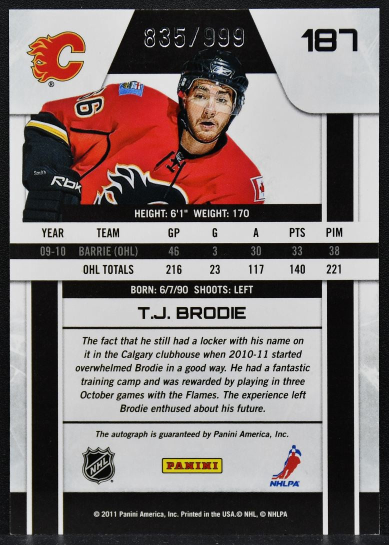 2010-11 Panini Zenith Rookie T.J. Brodie 187 Calgary Flames RC Auto 835/999 2897