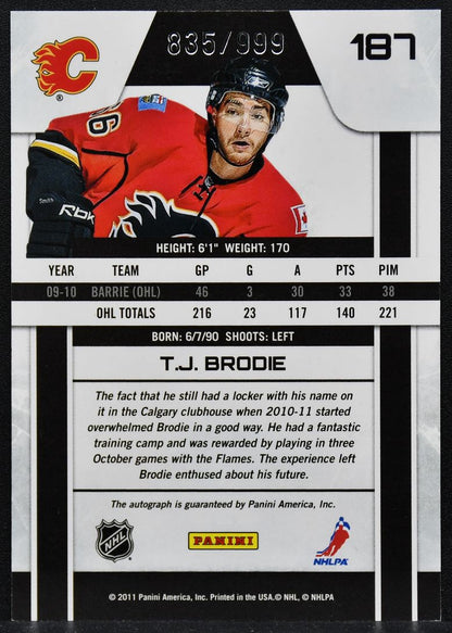 2010-11 Panini Zenith Rookie T.J. Brodie 187 Calgary Flames RC Auto 835/999 2897