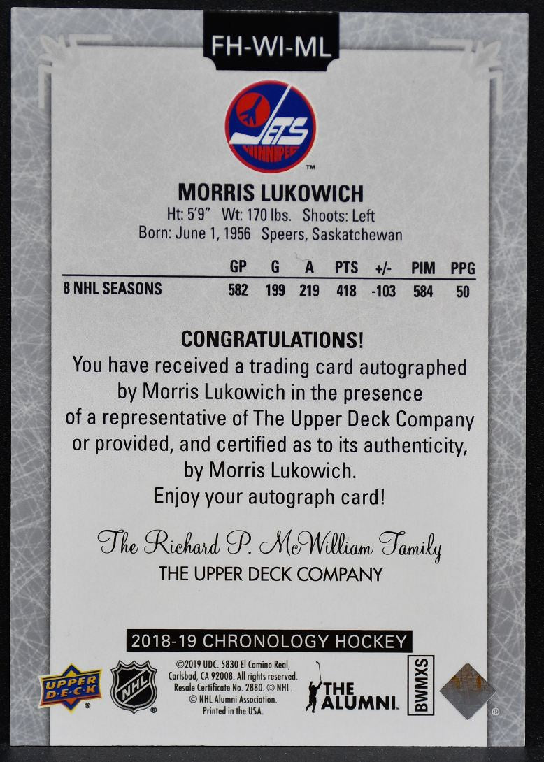 2018-19 UD Chronology Auto Morris Lukowich FH-WI-ML Winnipeg Jets Auto 5811